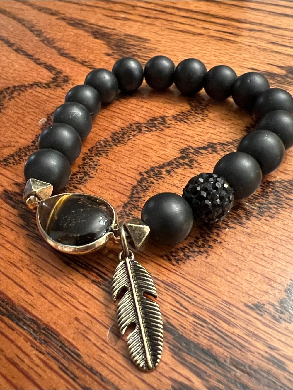 Black Beaded Stretch Bracelet with Feather Charm Tiger’s Eye Stone Rhinestones